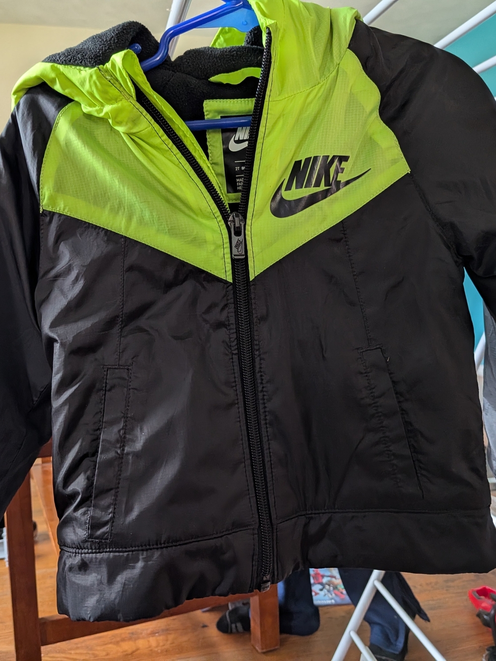 Nike Black and Neon Green Hooded Puffer Jacket for Kids